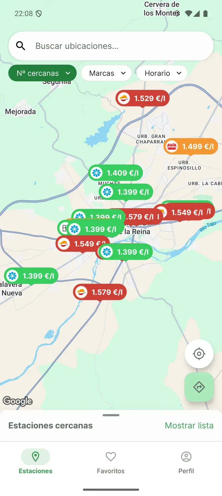 Captura de la app GasGuru mostrando el mapa de precios cercanos