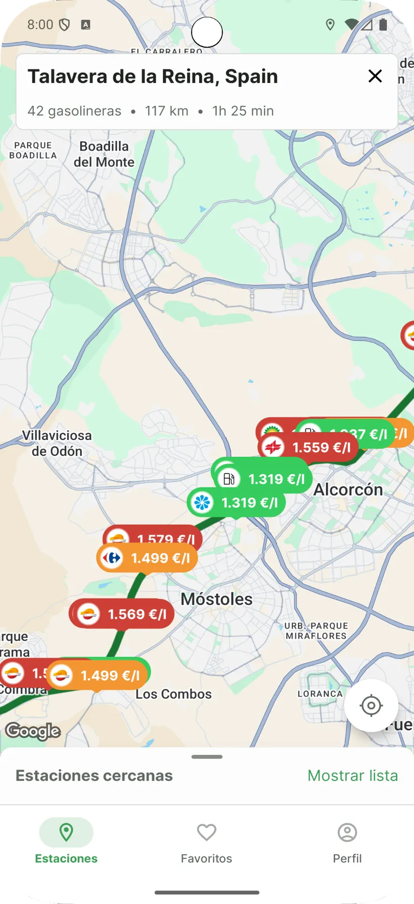 Ruta con gasolineras y precios señalados en el mapa