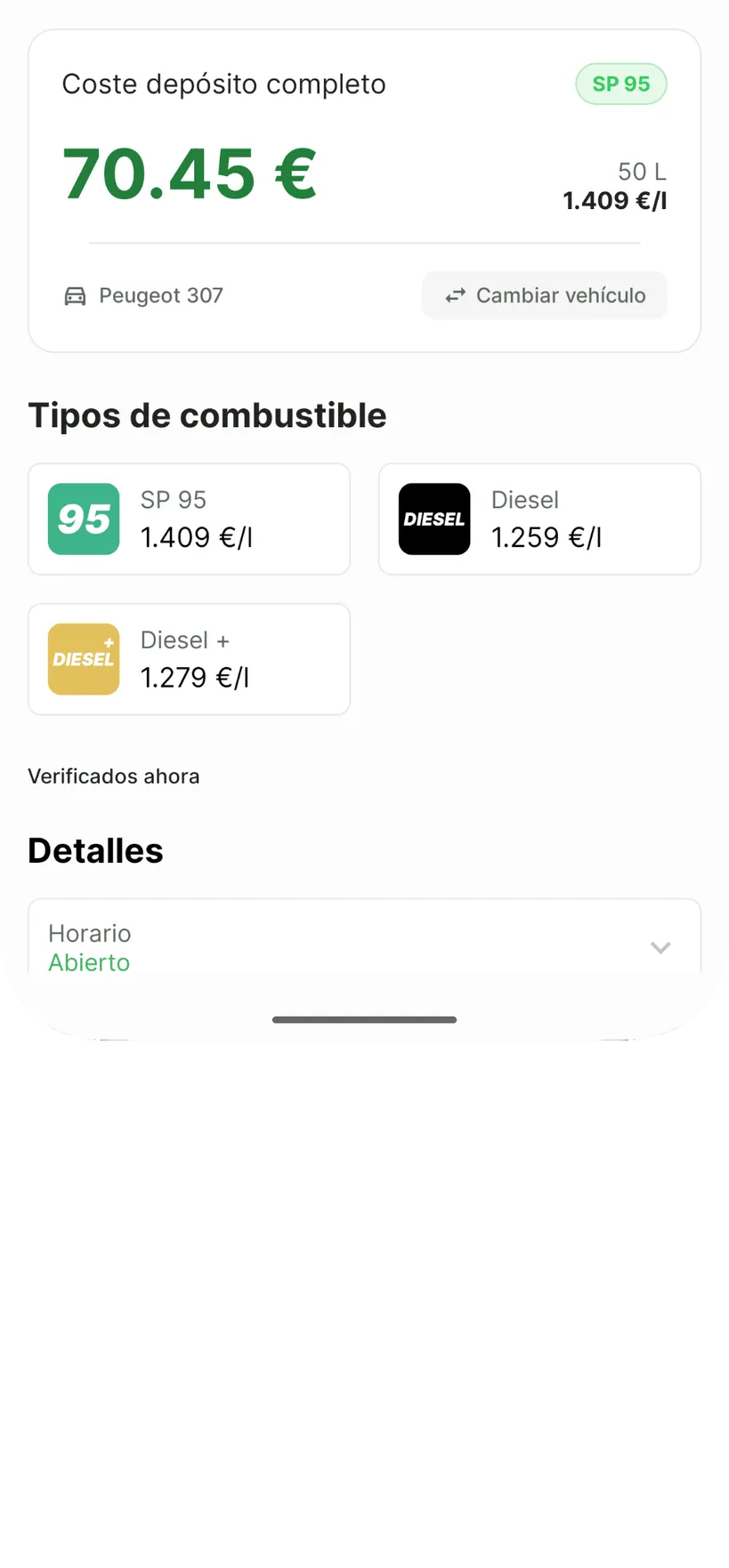 Ficha de una gasolinera con el coste estimado de repostar